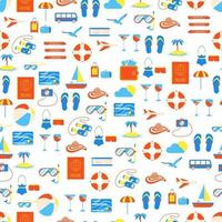 Seamless pattern with travel elements icons signs Time to travel and adventures Holiday vacations summer trip Suitcase airplane hat beach ball passport island compass seagull slippers vector