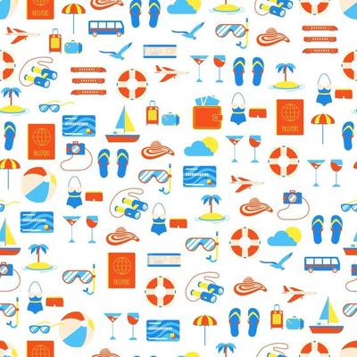 Seamless pattern with travel elements icons signs Time to travel and adventures Holiday vacations summer trip Suitcase airplane hat beach ball passport island compass seagull slippers
