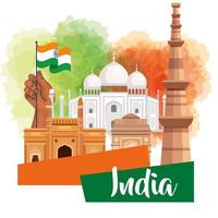 famous monuments of india in background for happy independence day vector