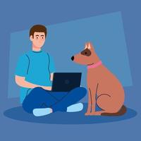 man sitting using laptop computer with dog pet vector