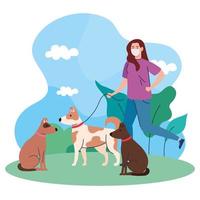 woman walking with pets dogs outdoor wearing medical mask against coronavirus covid 19 vector