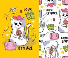 cat on holiday funny cartoon with seamless pattern vector