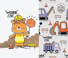 leopard in the work zone funny cartoon with seamless pattern vector