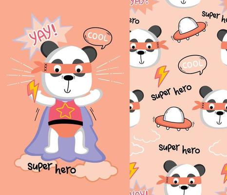 panda the superhero funny cartoon with seamless pattern