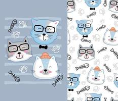 cool cat funny animal cartoon with seamless pattern vector