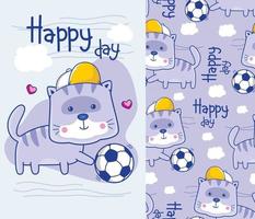 cat playing soccer funny cartoon with seamless pattern vector