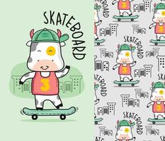 cow playing skateboard funny cartoon with seamless pattern vector