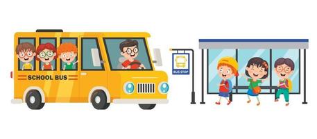 niños felices y autobús escolar vector