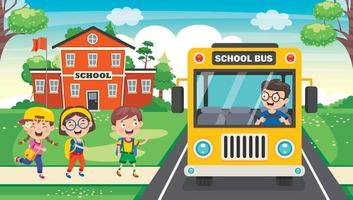 niños felices y autobús escolar vector