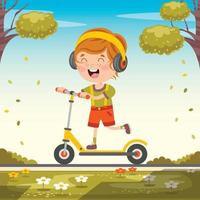 Funny Kid Riding Kick Scooter vector