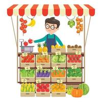 Tienda de comestibles verde con diversas frutas y verduras. vector