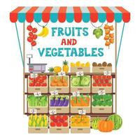 Tienda de comestibles verde con diversas frutas y verduras. vector