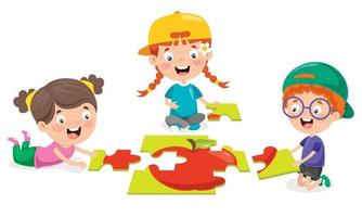 Kid Playing Colorful Jigsaw Puzzle vector