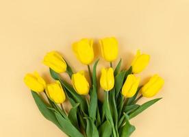 Bouquet of yellow tulips on beige background