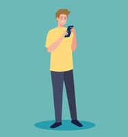 young man using smartphone avatar character vector