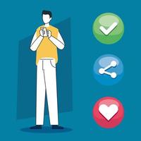 man with smartphone and social media icons vector