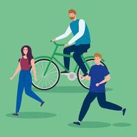 man in bike and couple running vector