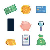 conjunto de ahorro de hucha con iconos de finanzas vector