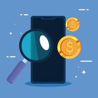 smartphone with coins and magnifying glass vector