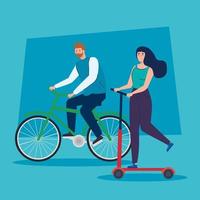 pareja joven en scooter y bicicleta avatar iconos de personajes vector
