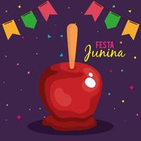 cartel de fiesta junina con dulces de manzana y decoración. vector