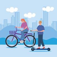 woman riding bike and man in scooter vector