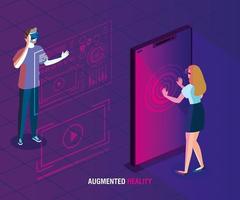 couple with glasses of reality augmented and smartphone vector