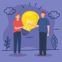 couple creative with light bulb in landscape vector