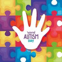 world autism day with hand in puzzle pieces background vector