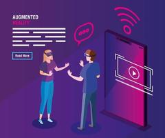 couple with glasses of reality augmented and smartphone vector