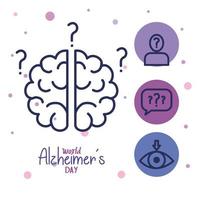 día mundial del alzheimer con cerebro e iconos vector