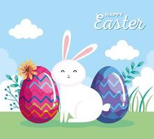 happy easter card with rabbit and eggs in landscape vector