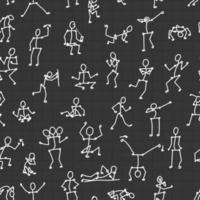 Black white vector seamless pattern with people bodies in different poses on dark gray mathematical squared background for paper or textile