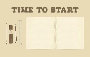 Vector set of outline isolated retro exercise book or ring spiral notebook with dots for summary notes as mockup brown pen pencil marker ruler on the table Top view Time to start lettering text