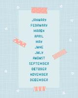 Meses azules y blancos de enero a diciembre sobre fondo azul con cinta washi rosa y papel estampado con líneas y corazones para calendario o planificador vector