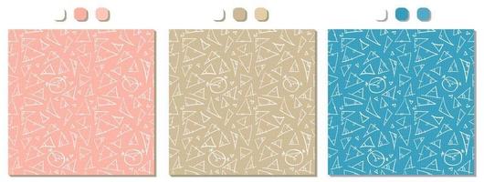 Set of three pink blue beige vector seamless patterns with handwriting math figures triangles and circles calculations handwritings on the squared paper Geometry back to school theme