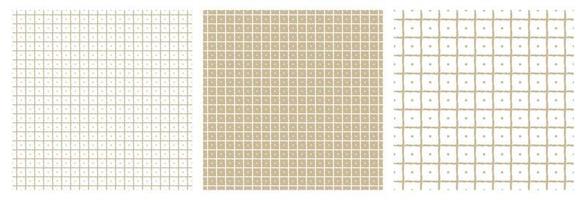 A set of three beige and white geometric patterns Abstract squares and dots inside All lines are distorted vector