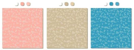 Set of three pink beige blue vector seamless patterns with handwritten white mathematical formulas calculations on squared paper Mathematical analysis limits theme