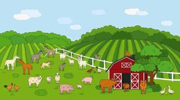 Set of cute outline vector cartoon pet animals at the countryside farm Doodle Sheep ram cow bull calf chicken rooster goat mother and baby cat pig rabbit hare horse fields forest red barn house
