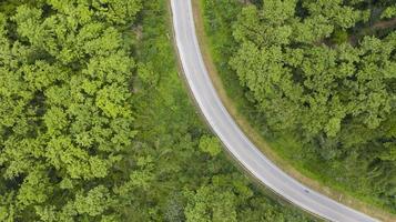 Vista aérea superior de una carretera provincial que atraviesa un fondo de bosque foto