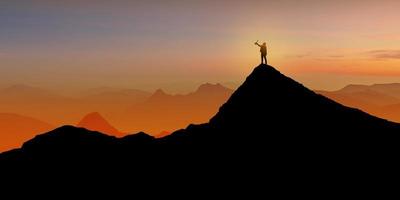 Silueta de hombre de negocios de pie en la cima de la montaña sobre el fondo del crepúsculo del amanecer sosteniendo un trofeo foto