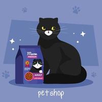 pet shop veterinary with cat and bag food vector