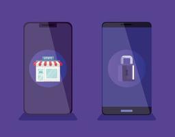 smartphones with store facade and padlock vector