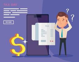 tax day poster with thinking businessman and icons vector