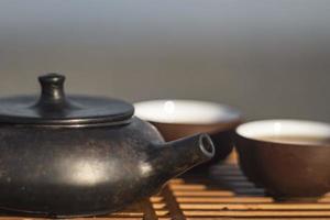 Vintage chinese set with black tea ceremony yixing teapot on green background photo