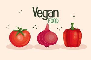 cartel de comida vegana con tomate y verduras. vector