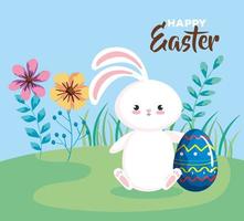 tarjeta de pascua feliz con conejo y huevo en el paisaje vector