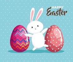 tarjeta de pascua feliz con conejo y huevos vector
