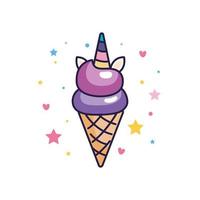 cute unicorn ice cream with hearts and stars decoration vector