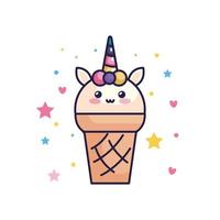 cute unicorn ice cream with hearts and stars decoration vector